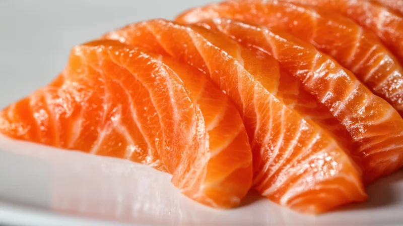 Freshly sliced salmon sashimi arranged on a white plate with visible marbling and vibrant orange color