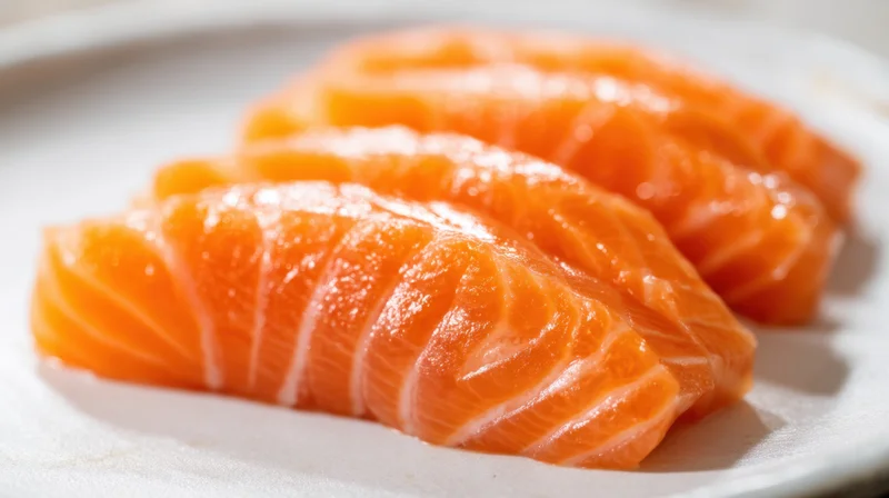 Freshly sliced salmon sashimi arranged on a white plate