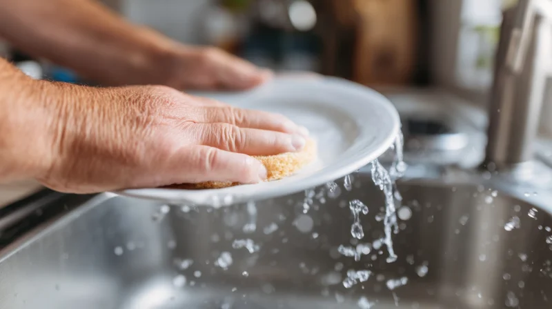 Hands scrubbing a white plate with a sponge over a stainless steel sink