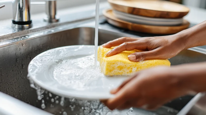 Hands washing a white plate with a yellow sponge under running water in a kitchen sink