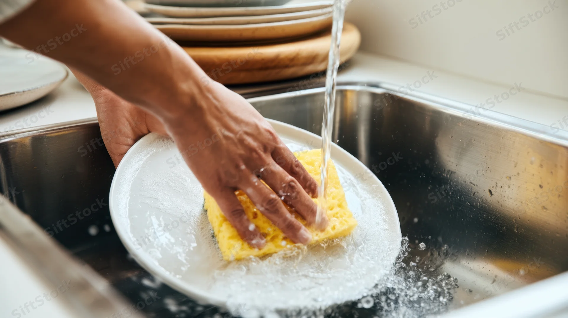 Hands washing a white plate with a yellow sponge under running water in a stainless steel sink