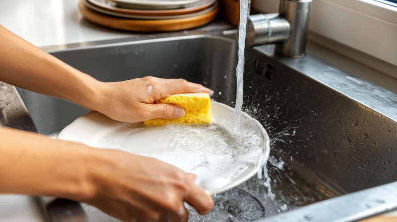 Hands washing a white plate with a yellow sponge under running water in a stainless steel kitchen sink