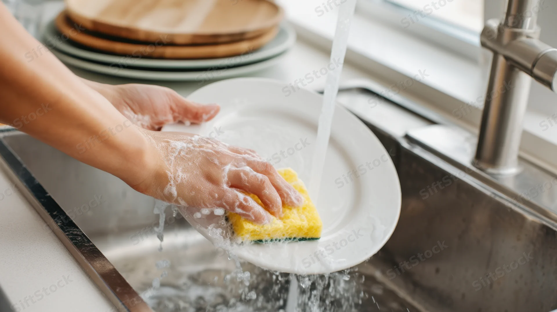 Hands washing a white plate with a yellow sponge under running water in a kitchen sink