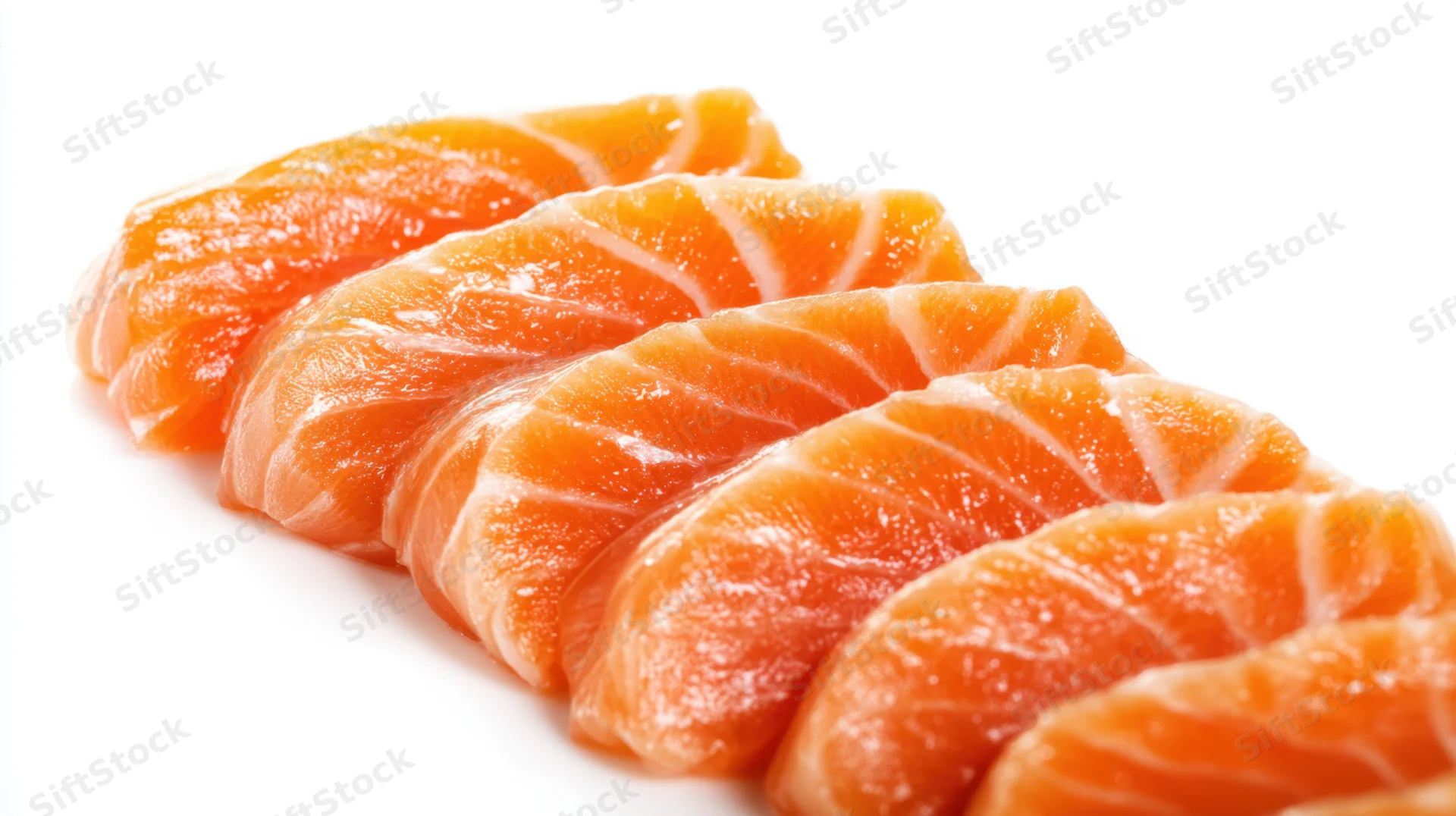 Neatly arranged slices of raw salmon sashimi on a white background