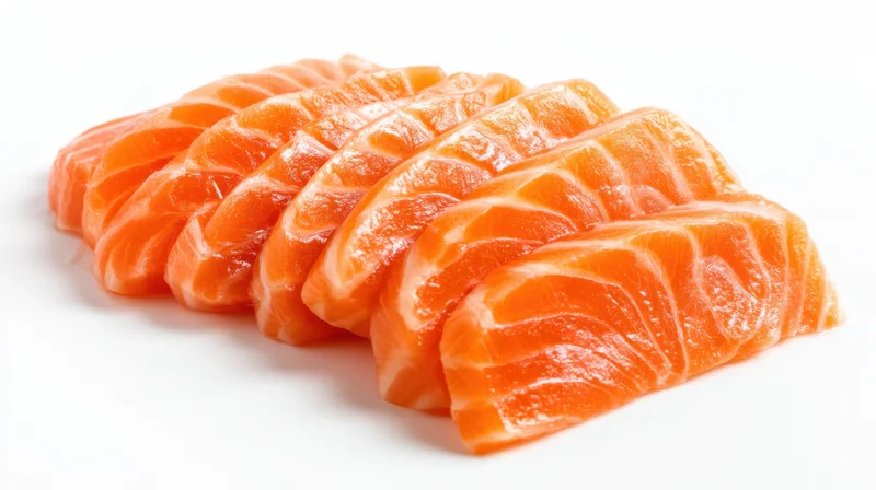 Neatly arranged slices of raw salmon sashimi on white background