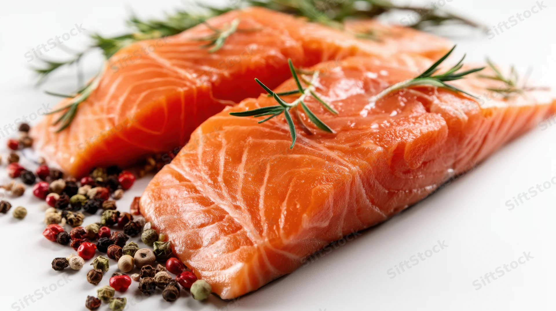 Two raw salmon fillets arranged on white surface with rosemary and peppercorns scattered nearby