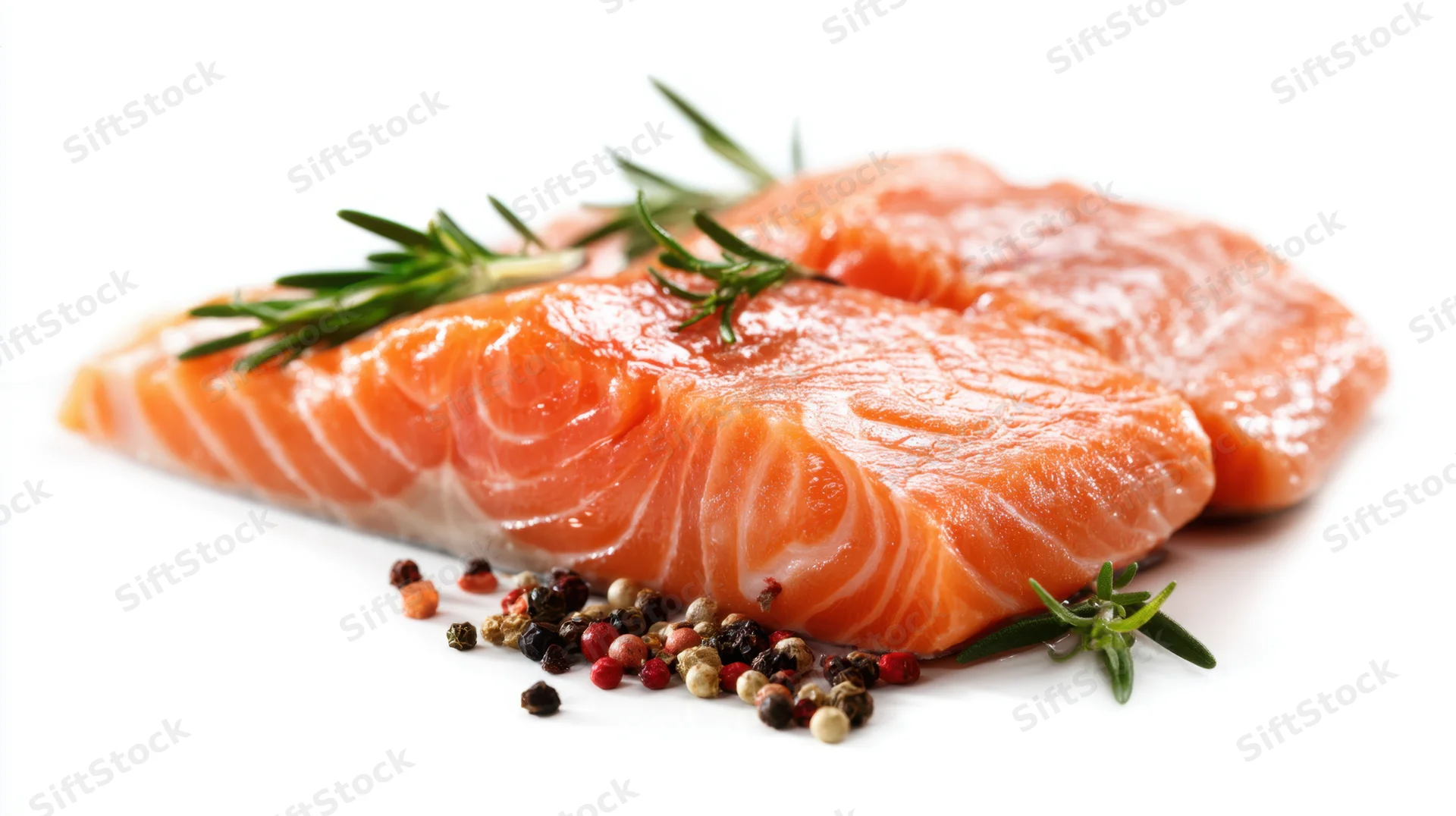 Raw salmon fillets arranged with rosemary and peppercorns on white background