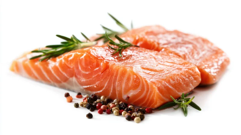 Raw salmon fillets arranged with rosemary and peppercorns on white background