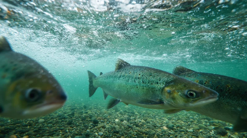 Three salmon swimming underwater in a clear river over a gravel bed