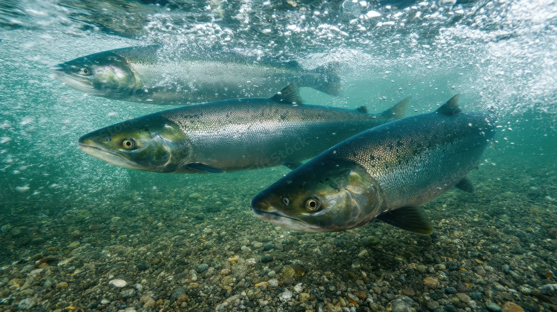 Three salmon swimming underwater over gravel riverbed