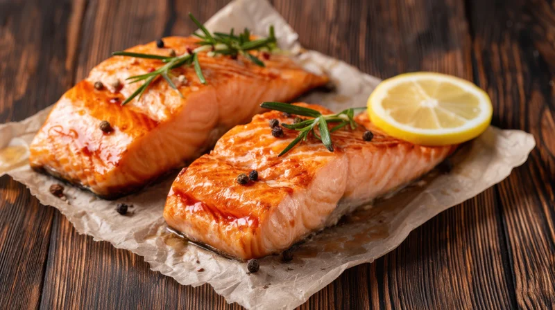 Two grilled salmon fillets garnished with rosemary and lemon on parchment paper over a wooden table