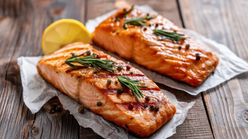 Two grilled salmon fillets garnished with rosemary and lemon on parchment paper on a wooden table