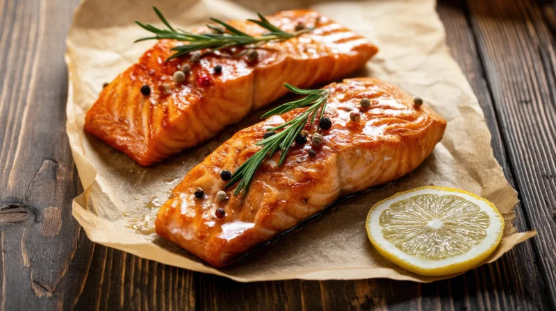 Two cooked salmon fillets garnished with rosemary and lemon on parchment paper over a wooden table