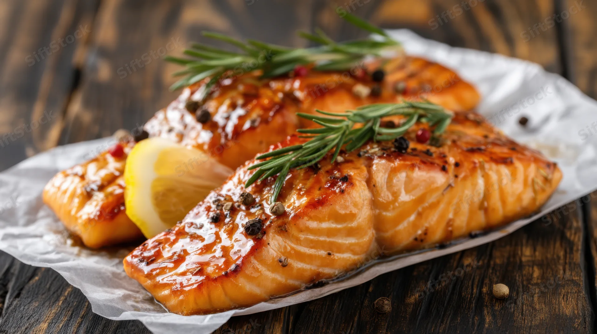 Two grilled salmon fillets garnished with rosemary and lemon on parchment paper over wooden table