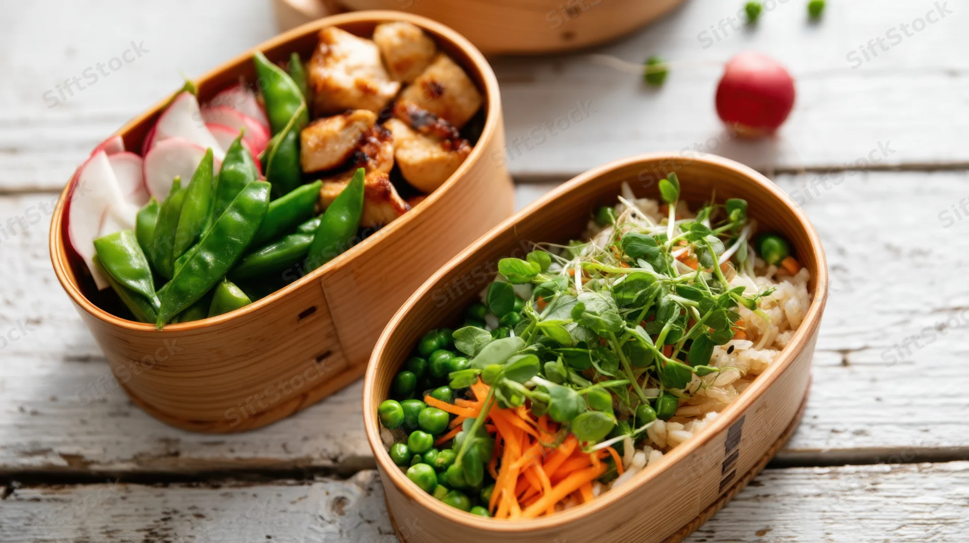 Two bamboo bento boxes filled with rice, vegetables, tofu and microgreens on a wooden surface