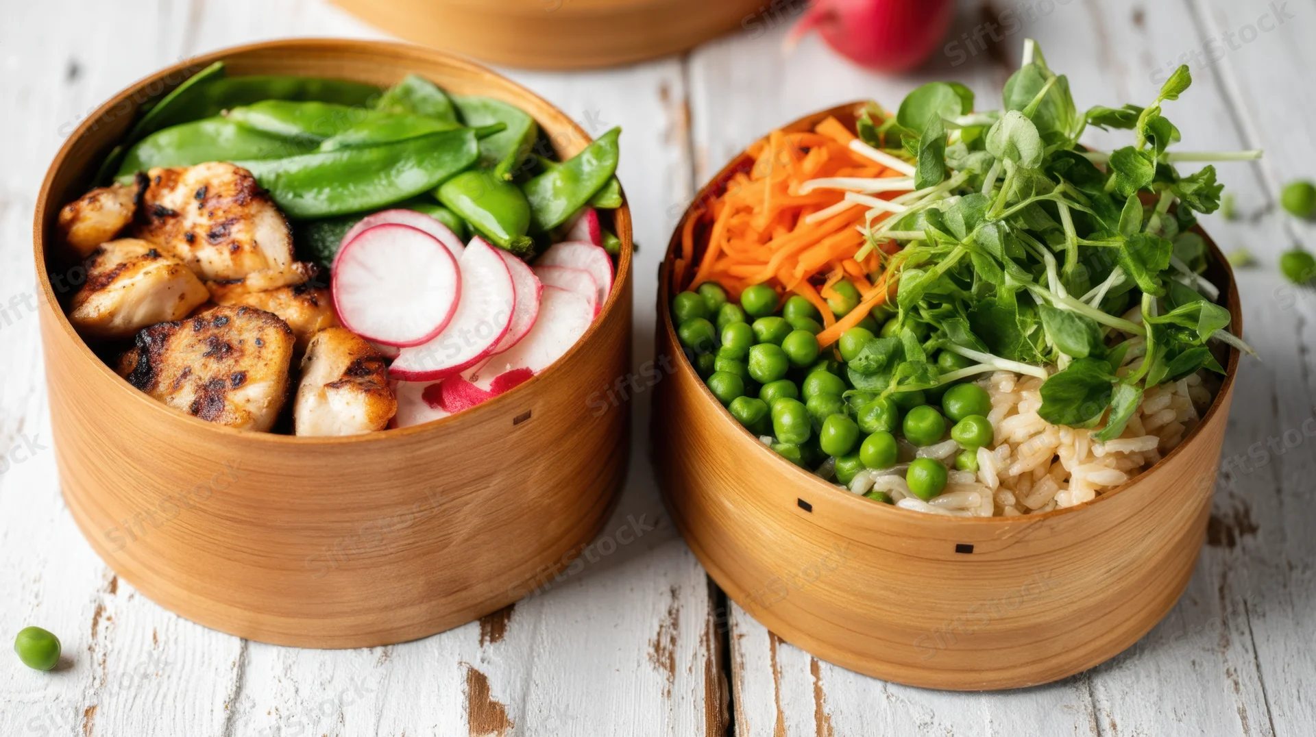 Two bamboo bento boxes filled with rice, grilled chicken, vegetables and microgreens on a white wooden surface