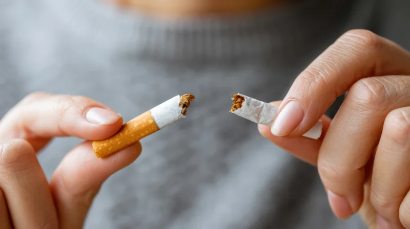 Hands holding two broken cigarette halves against a gray sweater background