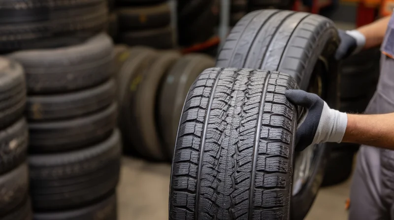 Mechanic holding two car tires for inspection in a garage workshop