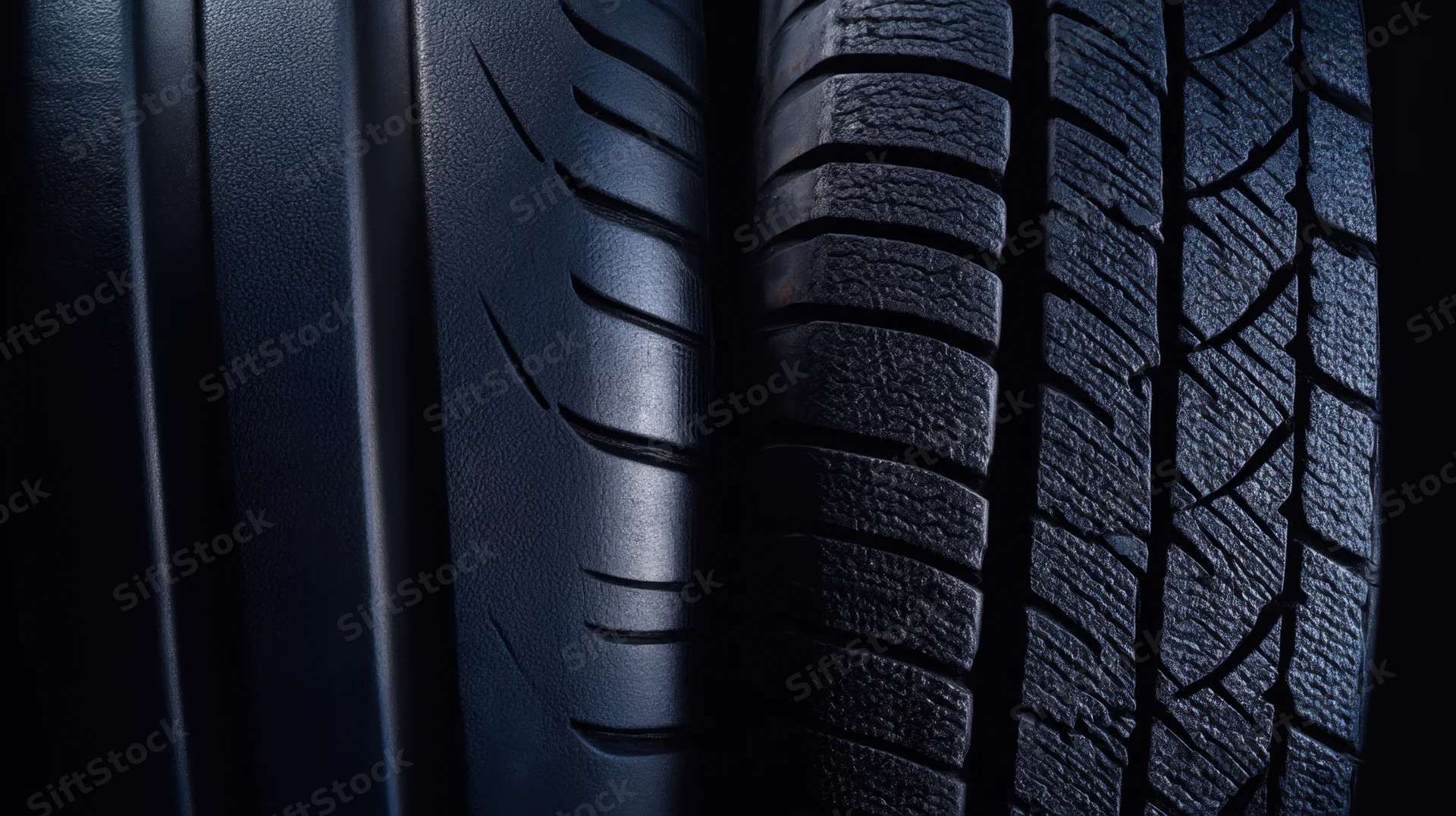 Two car tires positioned side by side highlighting their tread patterns in closeup detail