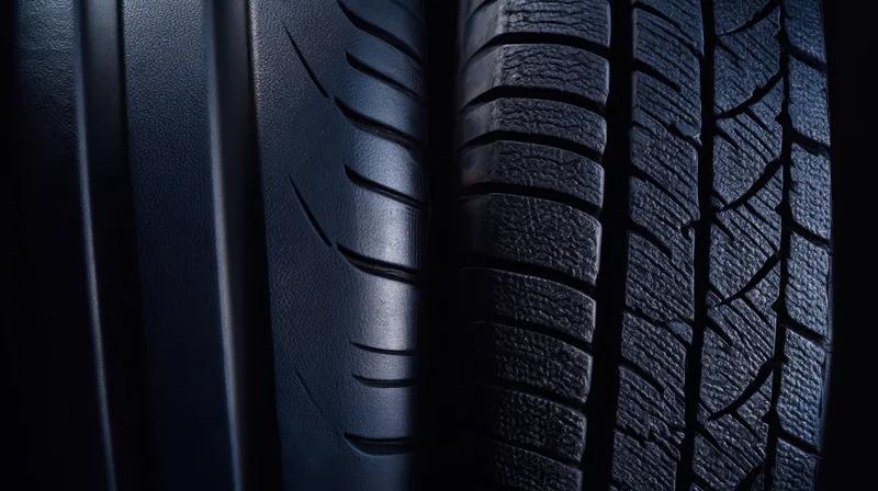 Two car tires positioned side by side highlighting their tread patterns in closeup detail