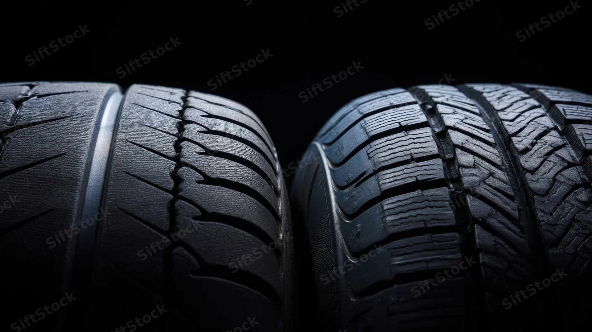 Two car tires positioned side by side highlighting their tread patterns against a dark background