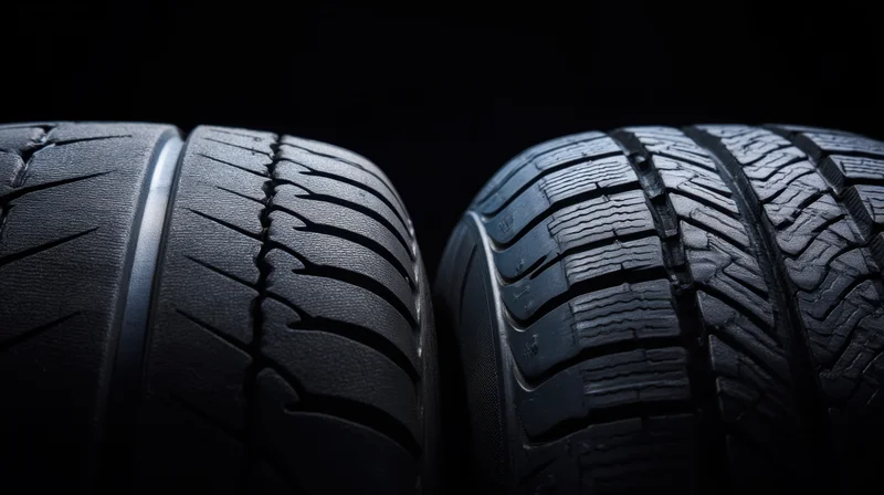 Two car tires positioned side by side highlighting their tread patterns against a dark background