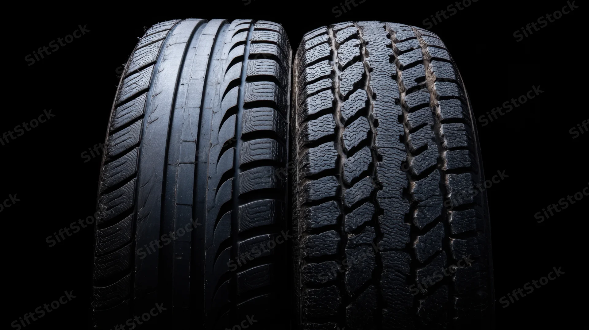 Two car tires positioned side by side highlighting their tread patterns against a dark background