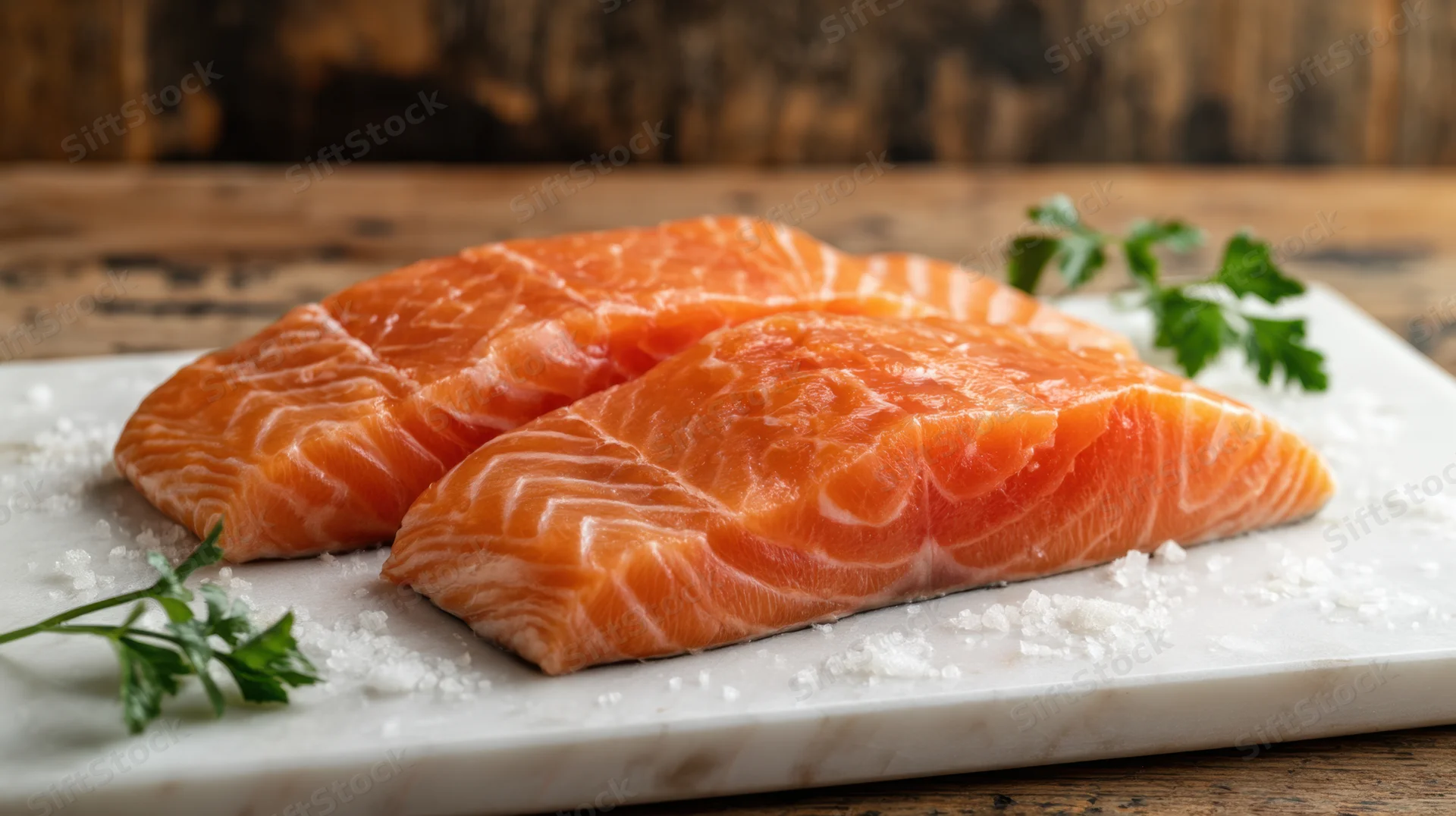 Two fresh salmon fillets arranged on a white marble plate with parsley and salt