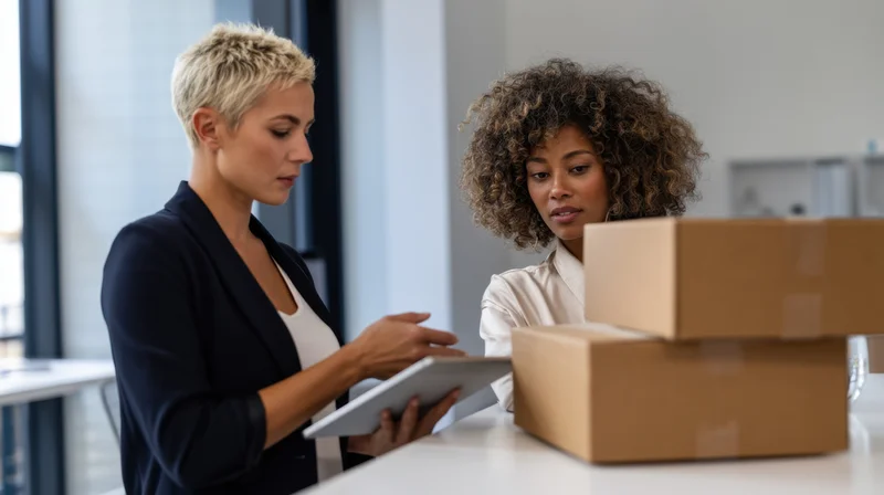 Two women discussing work on a tablet in an office setting near cardboard boxes
