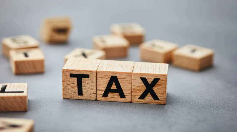 Wooden alphabet blocks arranged to spell tax on a smooth gray surface with scattered blocks in the background