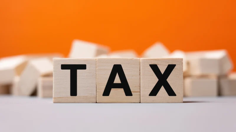 Wooden blocks arranged to spell tax on a white surface with orange background
