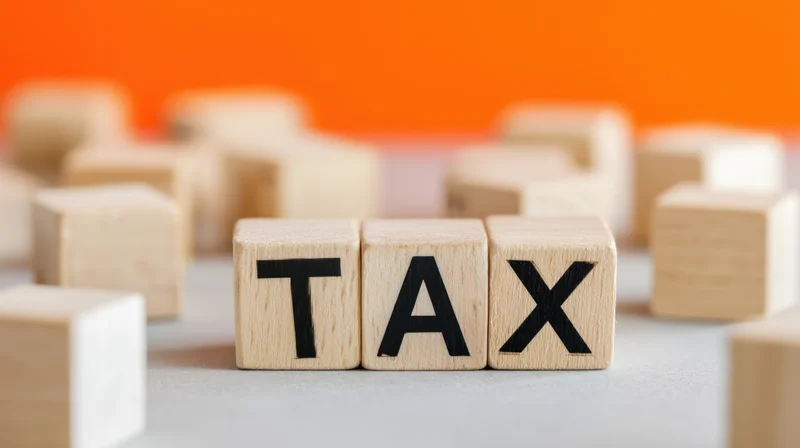Wooden blocks arranged to spell tax on a light surface with orange background and scattered cubes around