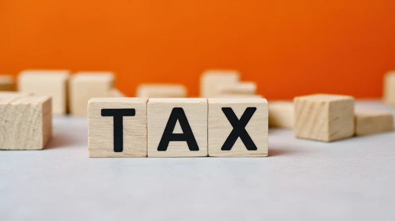 Wooden blocks arranged to spell tax on a light surface with orange background