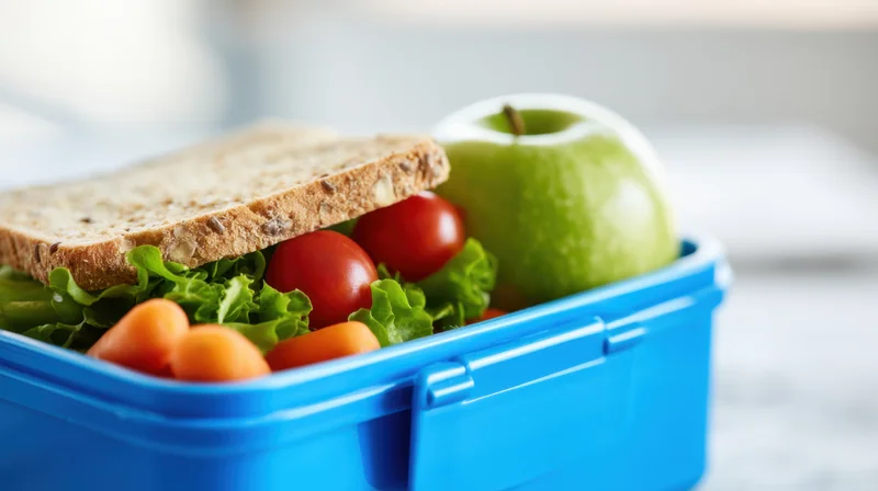 Blue lunchbox filled with sandwich, apple, carrots, tomatoes and lettuce arranged for school or work lunch