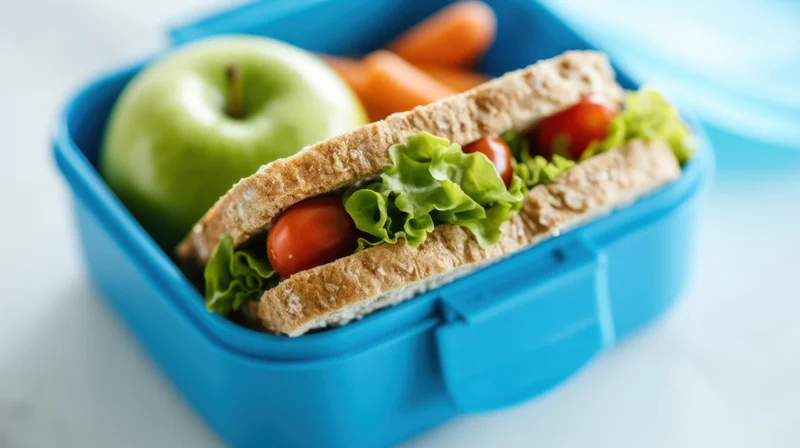Blue lunchbox containing sandwich with lettuce and tomato, apple, and carrots arranged inside