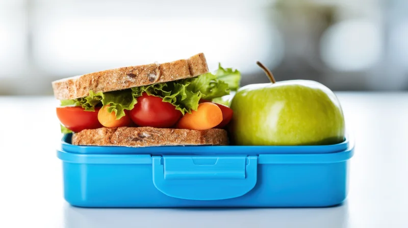 Blue lunchbox containing sandwich with lettuce tomato and carrot alongside green apple on white surface