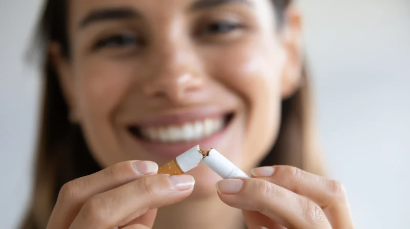 Woman smiling while holding broken cigarette in hands