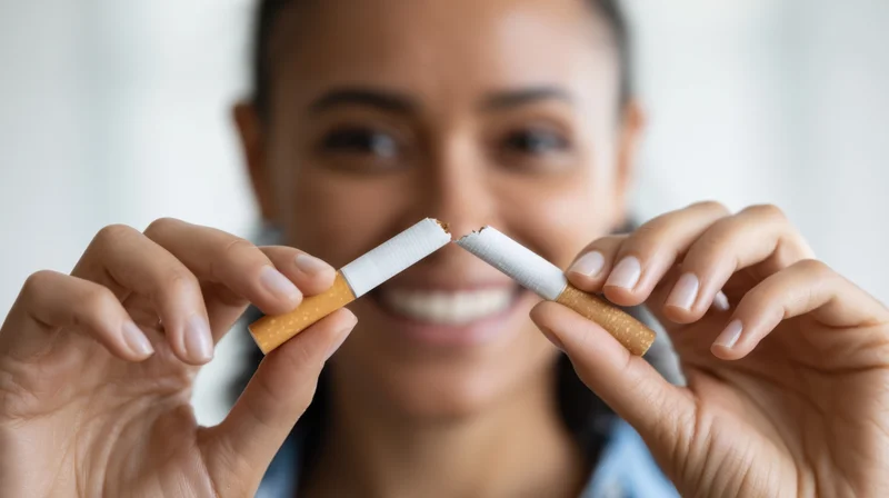 Woman smiling while holding broken cigarette in hands
