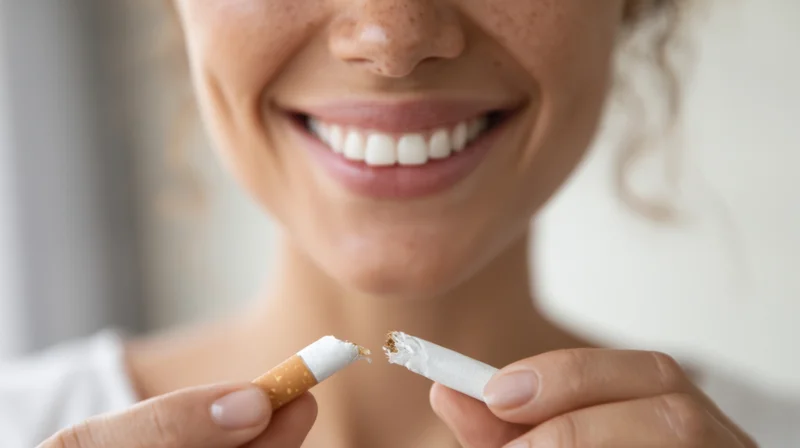 Woman smiling while holding broken cigarette pieces