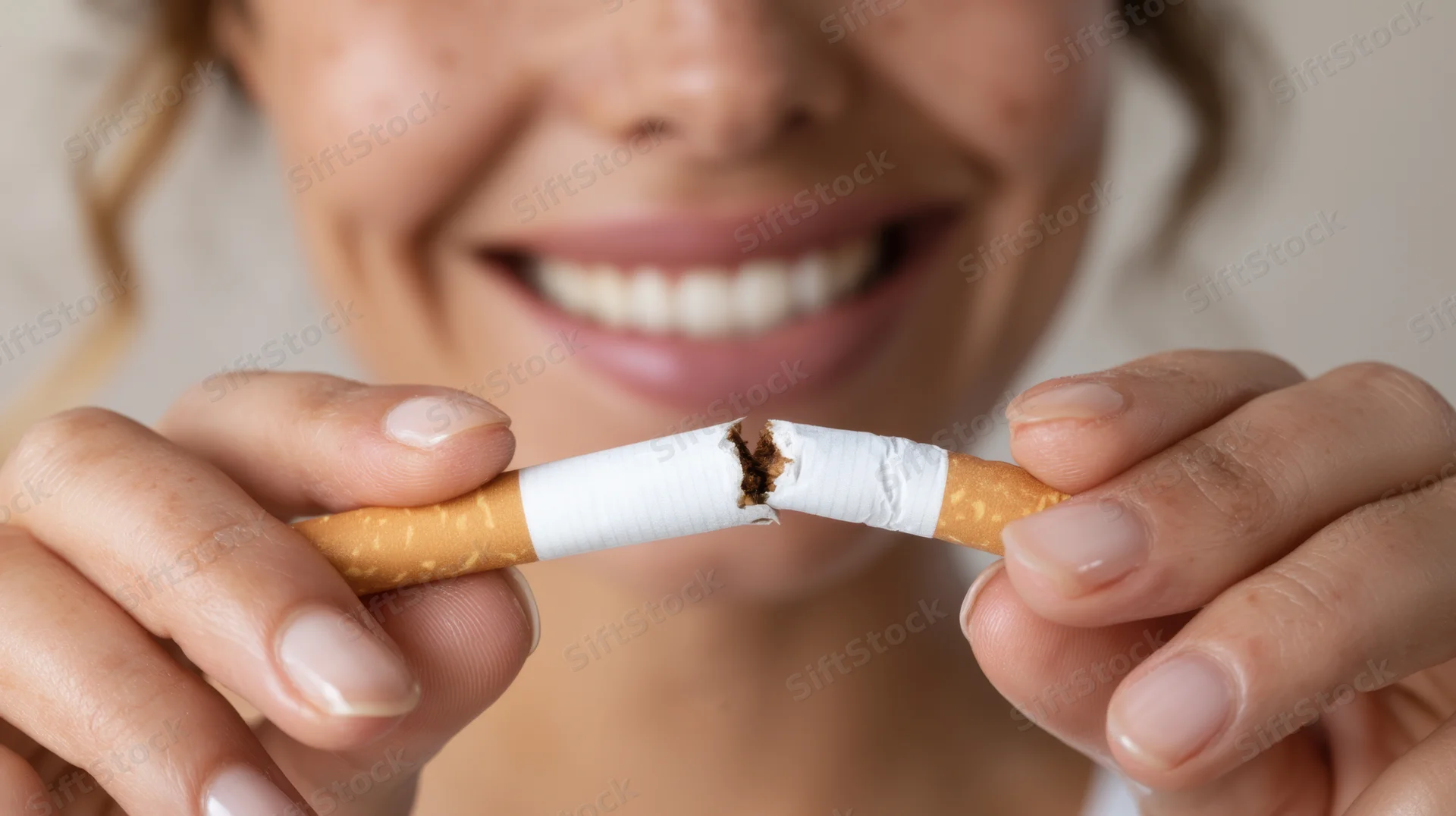Woman smiling while breaking a cigarette in half with her hands