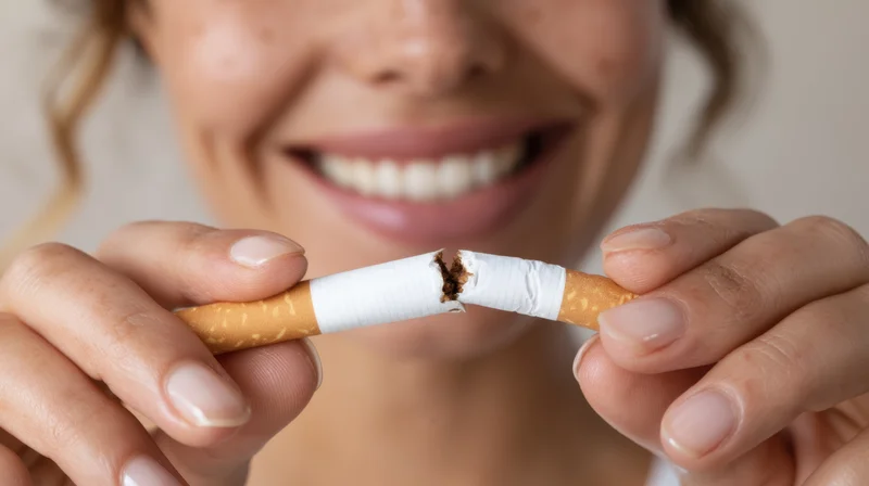 Woman smiling while breaking a cigarette in half with her hands