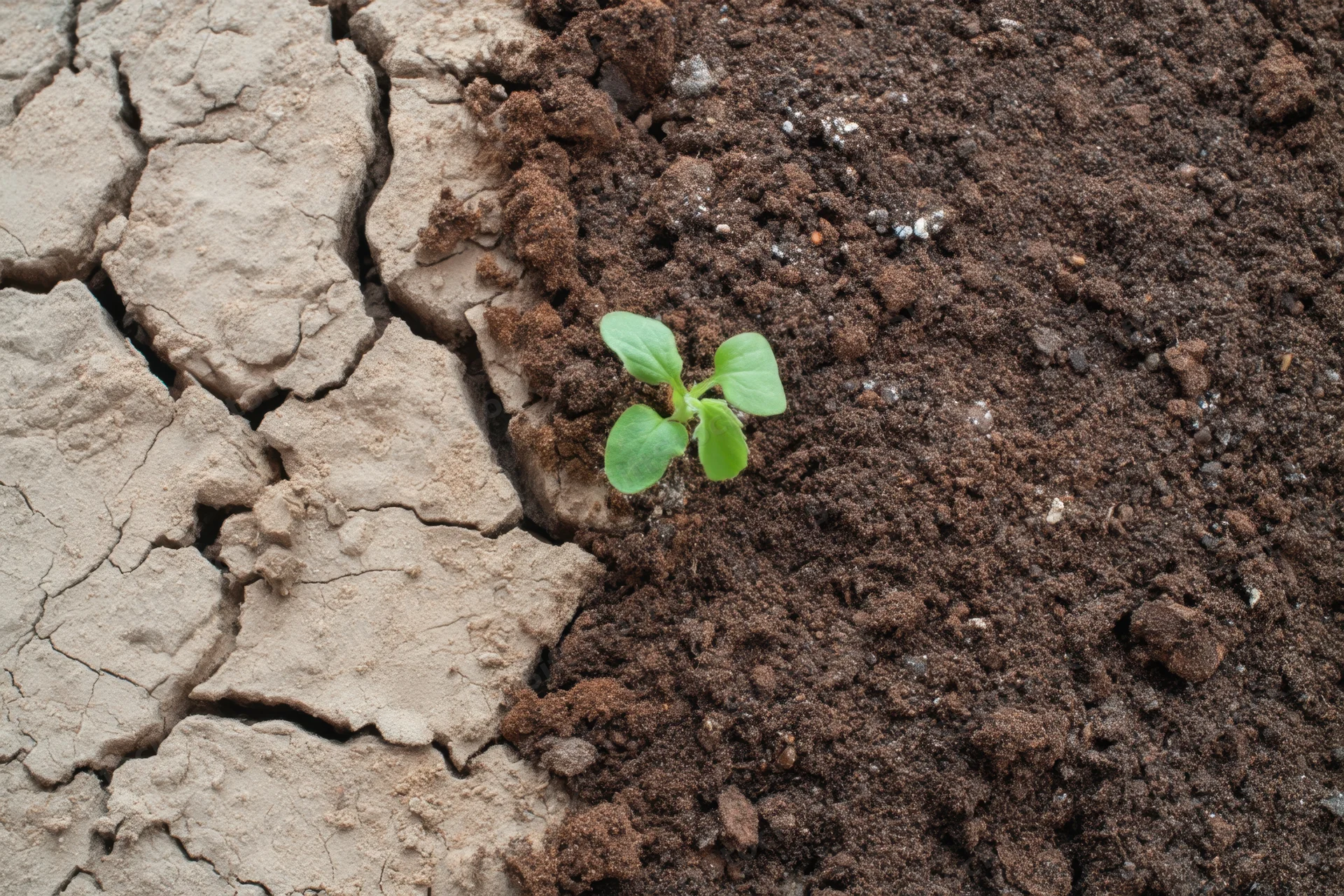 A small green seedling growing in cracked dry earth beside rich dark soil