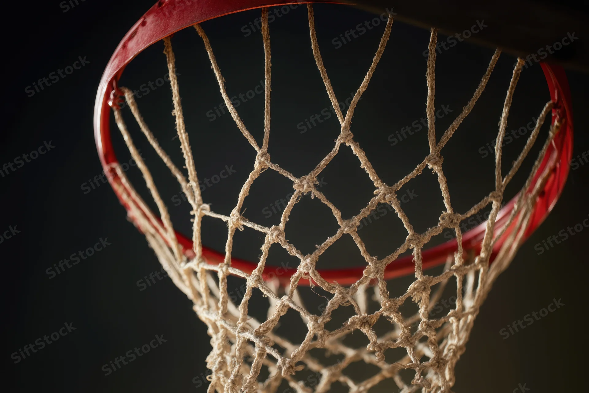 Closeup of a basketball hoop with white net against a dark background