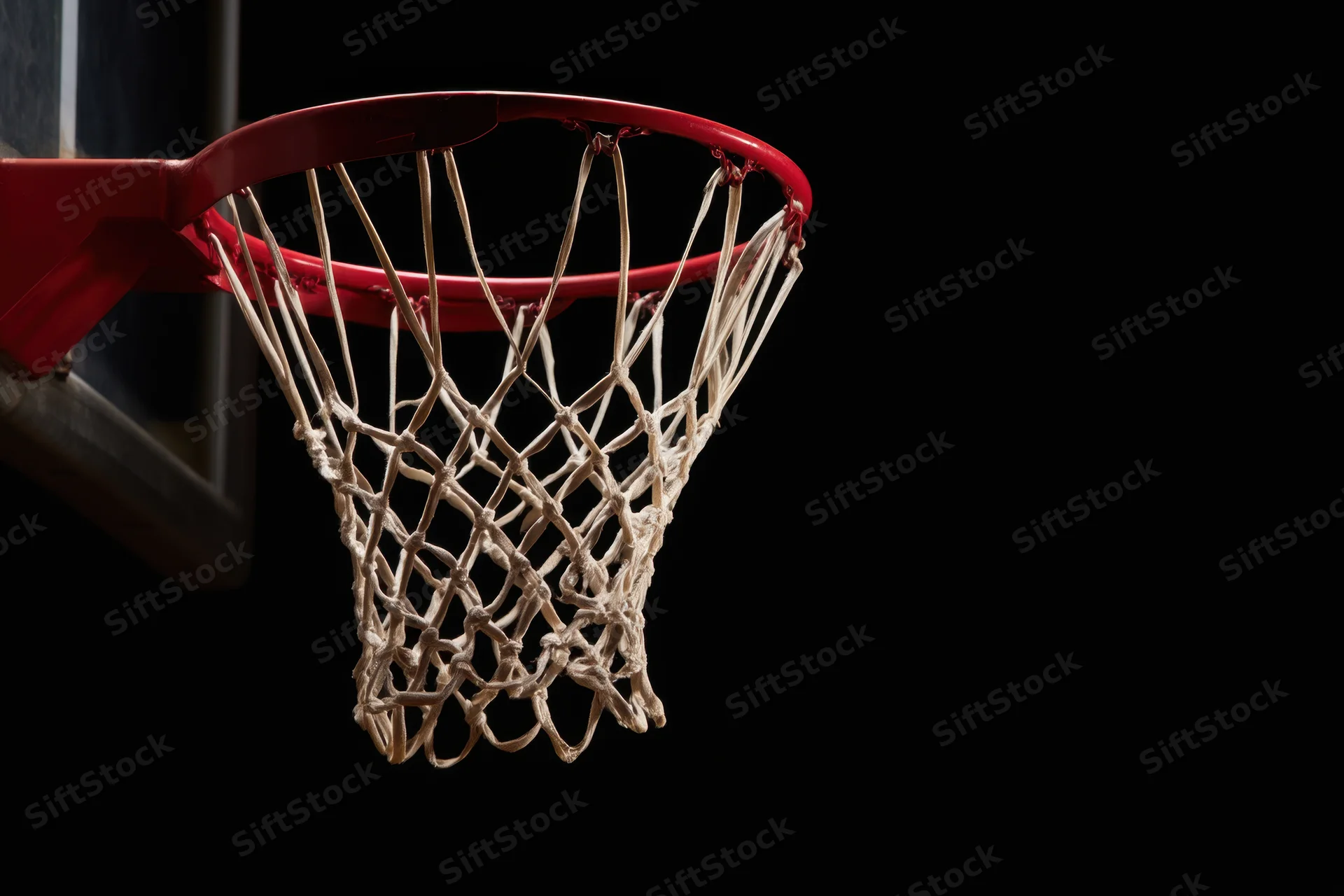 Basketball hoop with white net and red rim silhouetted against dark background