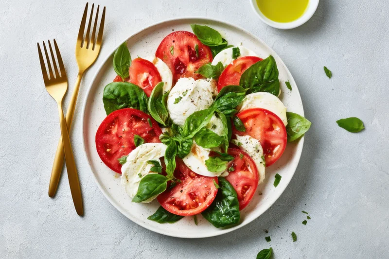 Caprese salad with sliced tomatoes, mozzarella, and basil leaves arranged on a white plate with gold forks and olive oil on the side