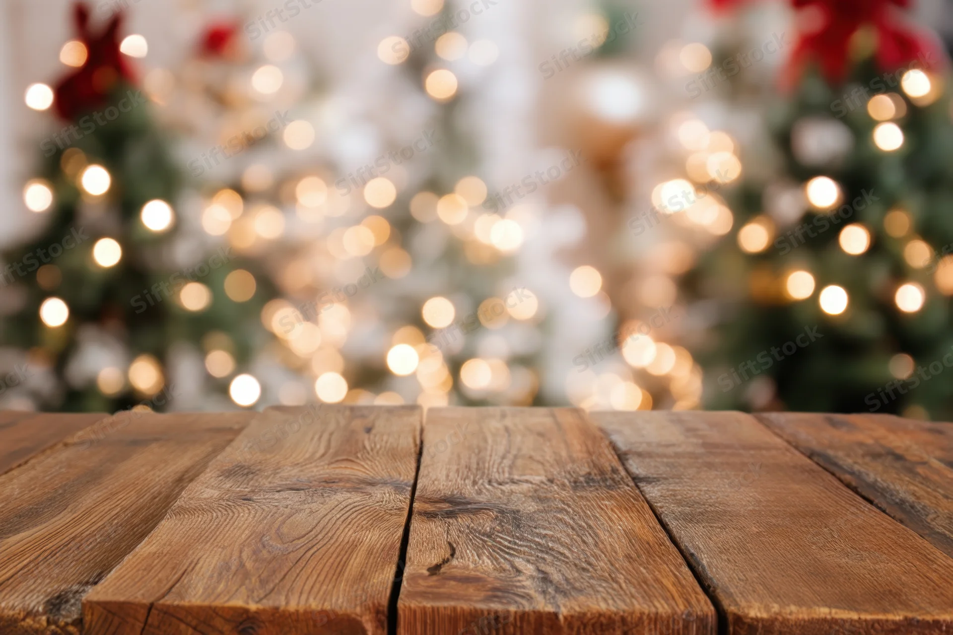 Wooden table surface in front of blurred christmas decorations with bokeh lights