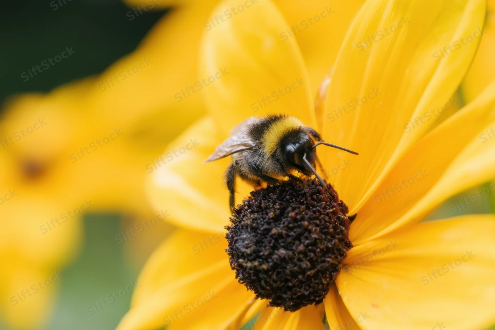 Bumblebee foraging on yellow flower center in garden setting