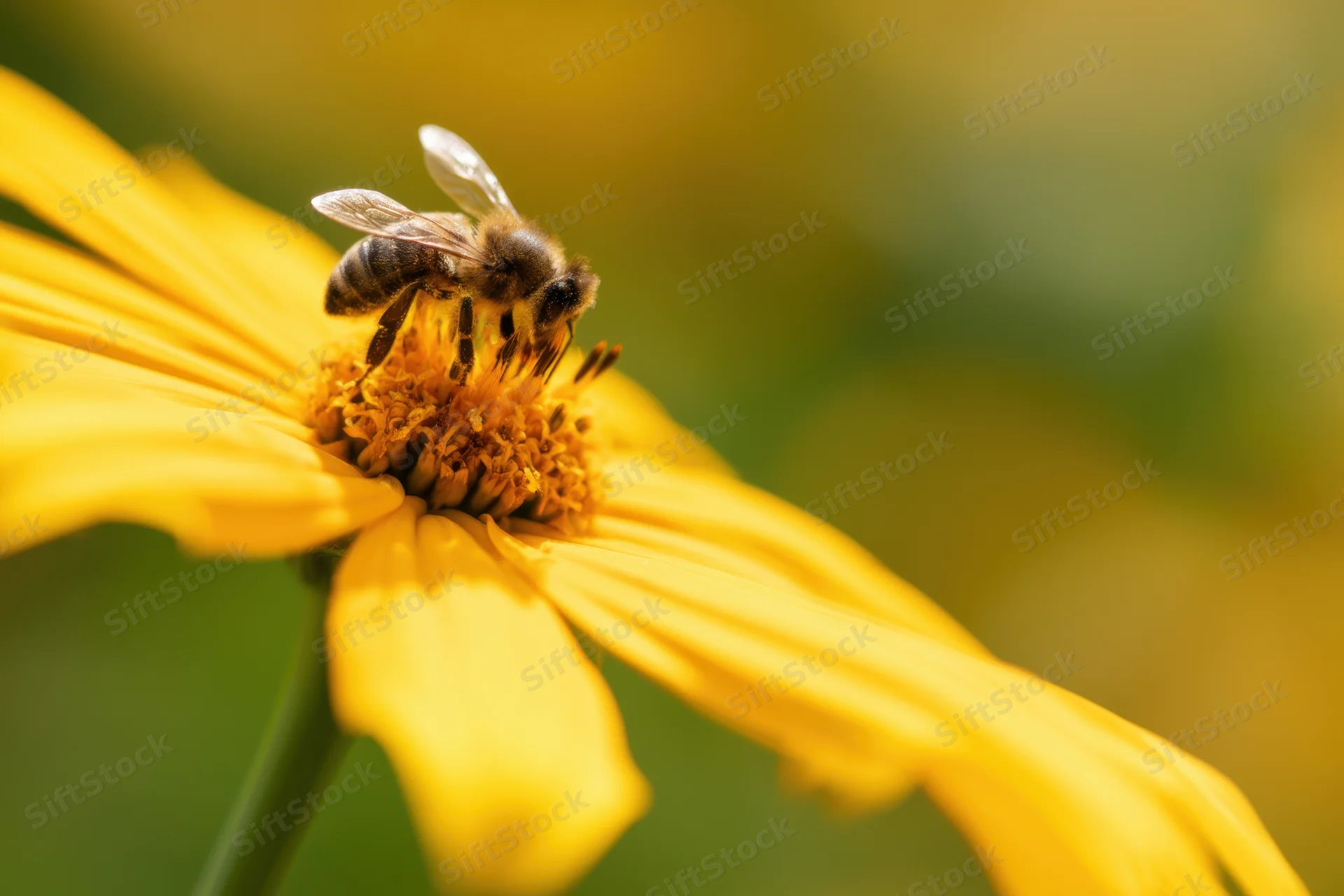 Bee collecting nectar from a yellow flower in a garden setting