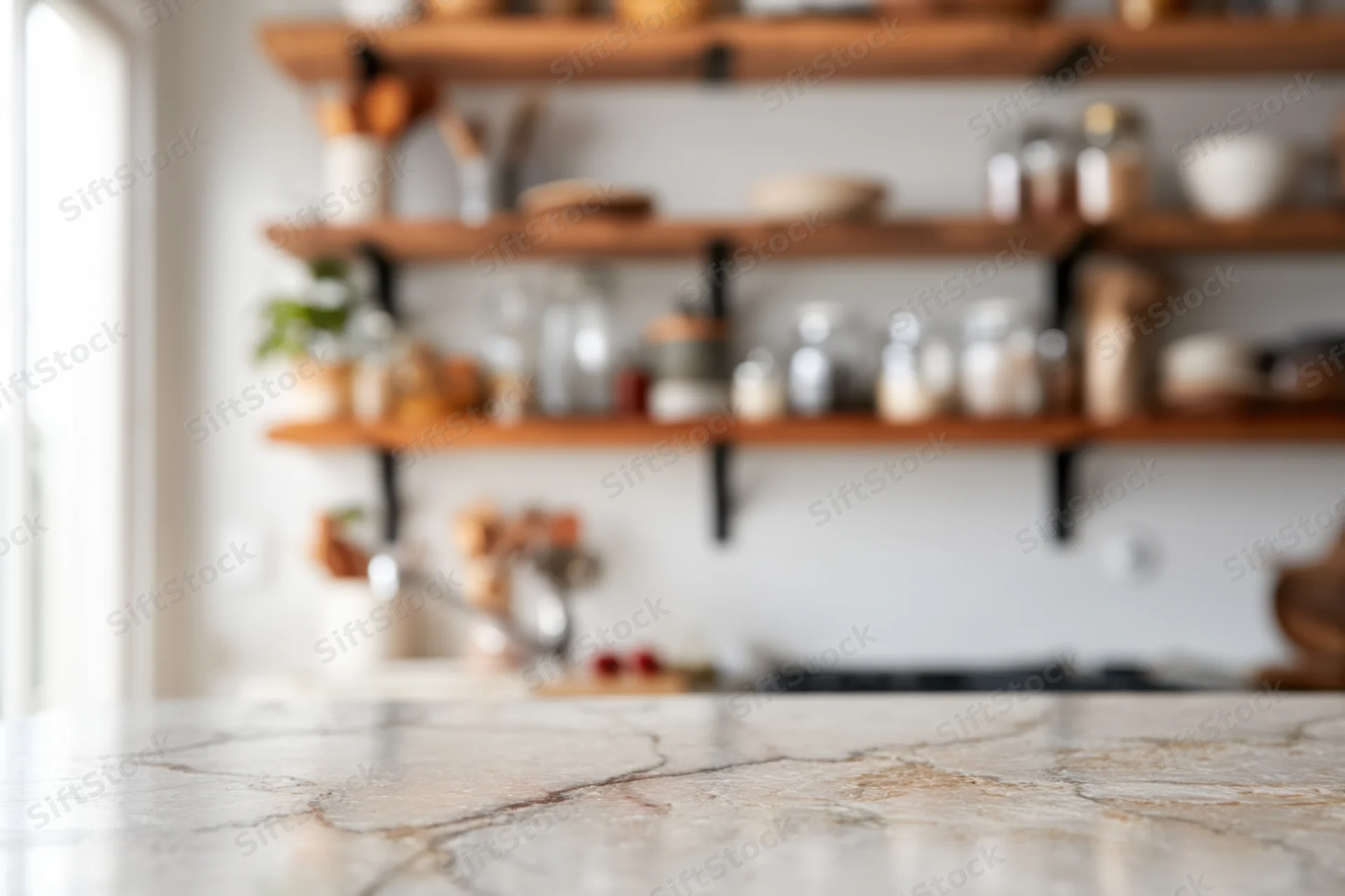 Marble countertop in a modern kitchen with open wooden shelves and natural light
