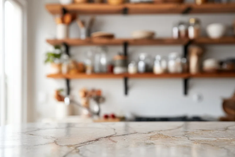 Marble countertop in a modern kitchen with open wooden shelves and natural light